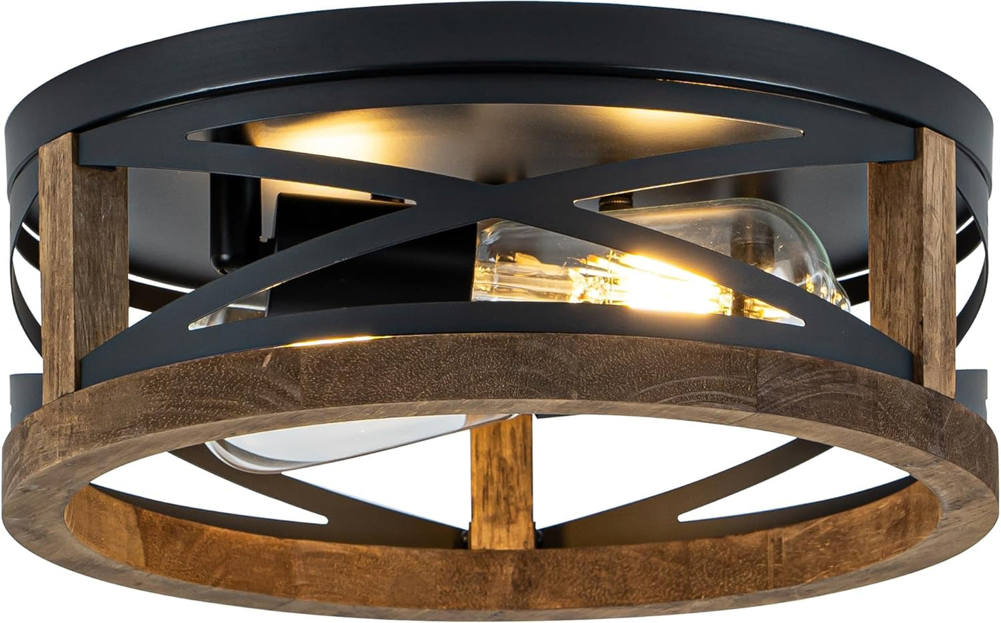 Lzglyptics Farmhouse Ceiling Light, 2-Light Round Flush Mount Ceiling Light with Wood and Metal Frame, Black Rustic Light Fixture for Hallway, Entryway, Bedroom, Kitchen
