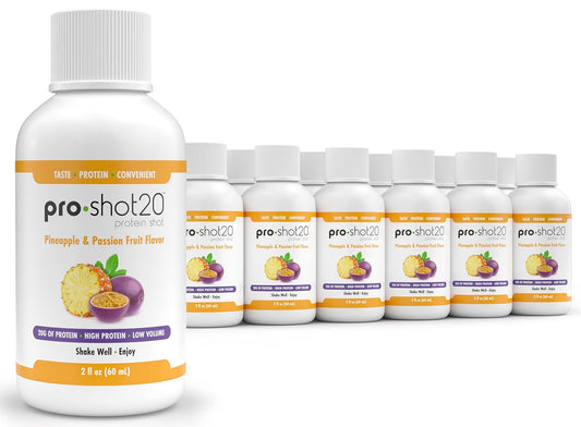 Pro-Shot20 Protein Shot Pineapple & Passion Fruit Flavor, 60 mL, 12-Pack- 20g Whey Protein & Hydrolyzed Collagen Drink- Low Calorie, Low Carb, Gluten Free, No Aspartame, Ready to Drink