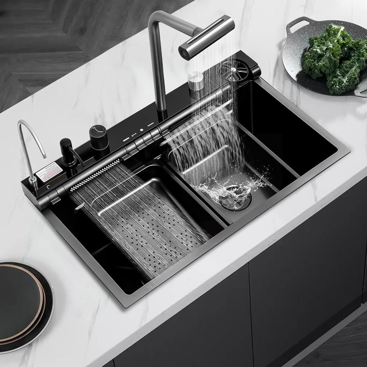 30x18 Dual Waterfall Kitchen Sink,Modern Kitchen Sink with 4 in 1 Faucet,Black Stainless Steel Single Bowl Digital Smart Sink with Pull-Out Faucet,Multifunctional Workstation Sinks with Nano Honeycomb