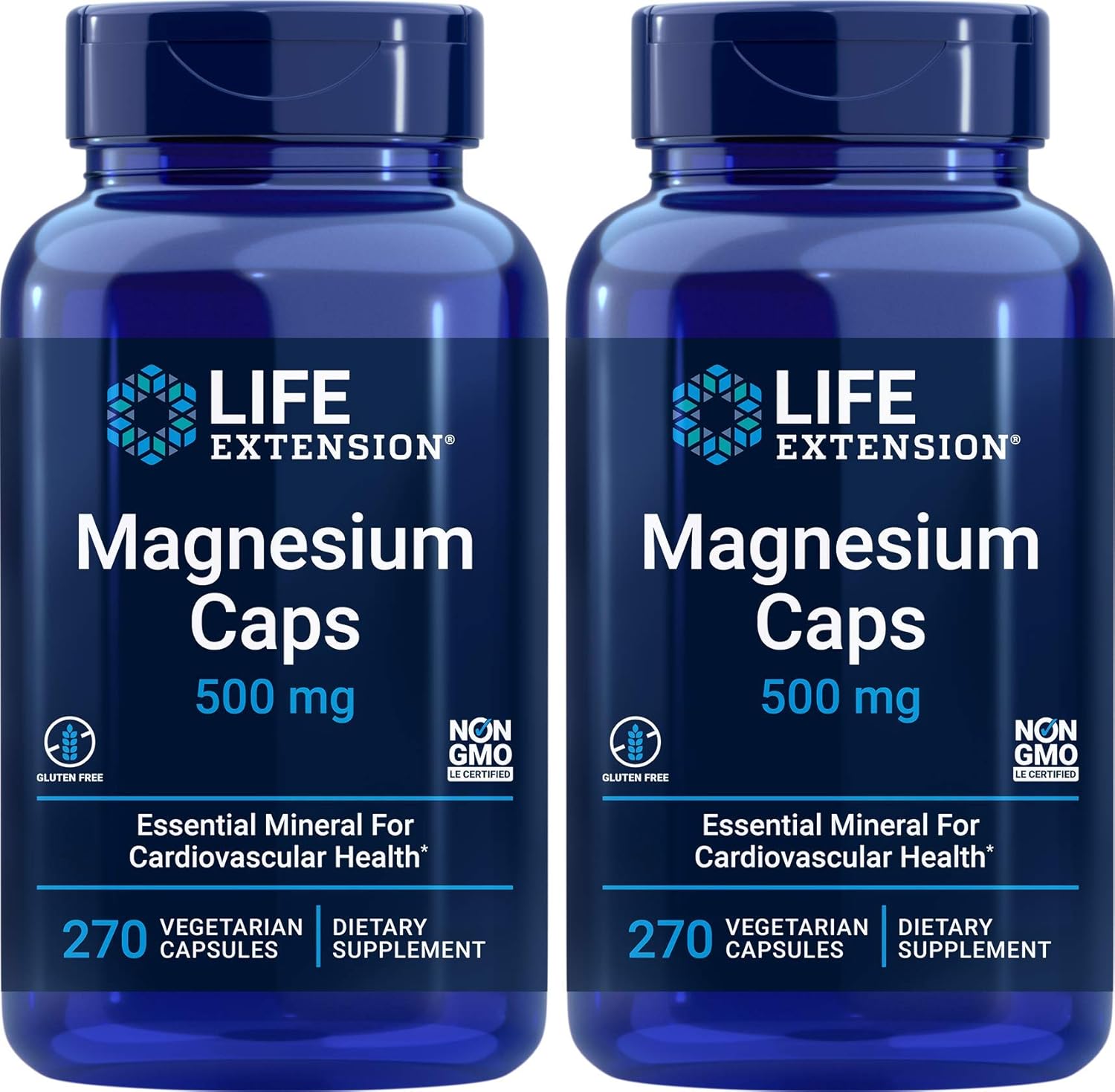 Life Extension Magnesium Caps 500mg, 270 Capsules (Pack of 2) - Vegan, Non-GMO, Mag Complex Supplement w\/Oxide, Citrate, Succinate