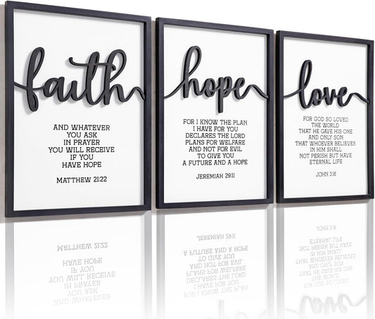 3D Wood Faith Hope Love Wall Decor, Christian Wall Art Bible Verses Wall Decor Scripture Wall Art for Bedroom Bathroom Kitchen Living Room Office(12x16 inches, Set of 3, Framed)