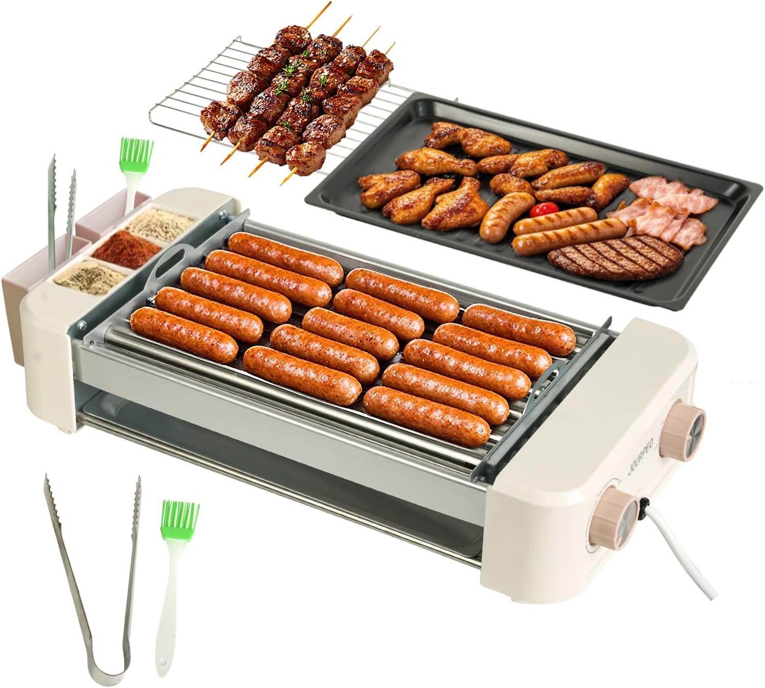 Electric Hot Dog Roller 6 Rollers,3 in 1 Indoor Grills Portable with Non-stick & Smokeless Removable Grill & BBQ Griddle Plate,Stainless Sausage Grill Cooker Machine, for Family party Use