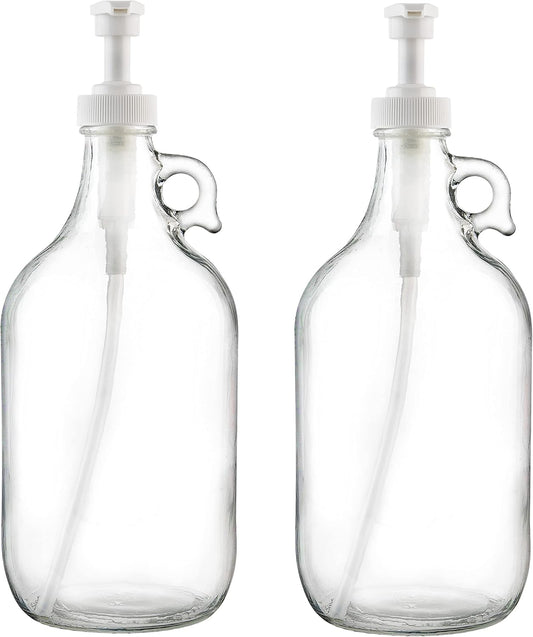 kitchentoolz Half Gallon Glass Pump Dispenser Bottle, Large Jug with Pump for Laundry Soap Dispenser, Liquid Detergent, Fabric Softener, Syrup Pump - 64 oz Made in USA
