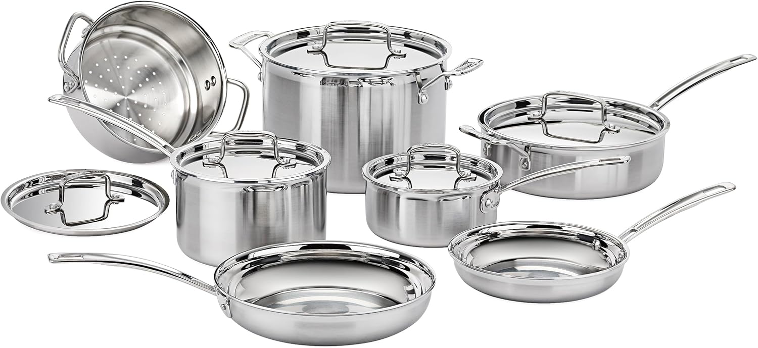 Cuisinart 12-Piece Cookware Set, MultiClad Pro Triple Ply Stainless Steel Cookware Set, Heat Surround Technology, Cool Grip Stick Handles, Oven Safe Up to 500°F, MCP-12N, Silver