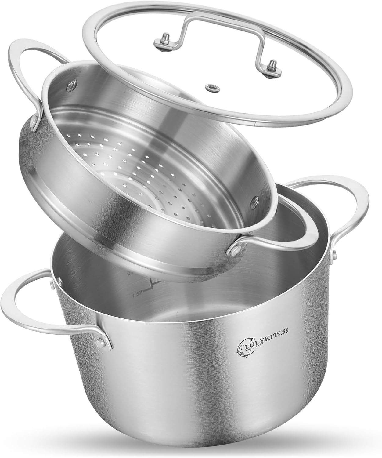 LOLYKITCH Tri-ply Stainless Steel 5 QT Stock Pot with Steamer,Induction Cooking Pot,Pots and Pans,Heavy Duty,Dishwasher and Oven Safe.