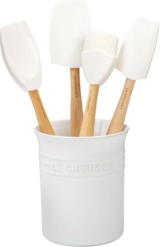 Le Creuset Silicone Craft Series Utensil Set with Stoneware Crock, 5 pc., White