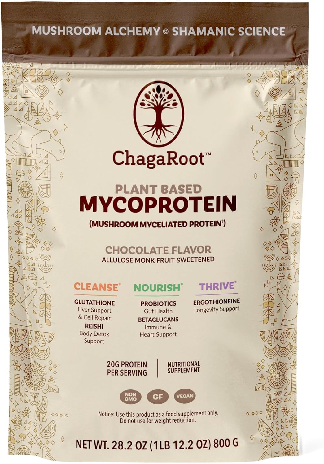 Mycoprotein Mushroom Protein Powder, Chocolate Flavor, 20 G Plant Based Protein per Serving, Reishi, Chaga, Lions Mane, Shiitake, Turkey Tail, Vegan, Gluten Free, Non GMO, 28.2 Oz Bag