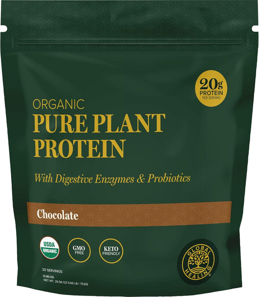 Global Healing Organic Plant Chocolate Protein Powder for Men and Women 20g - Dairy Free Protein Powder with Digestive Enzymes & Probiotics to Support Gut Health (1.6 Lbs)
