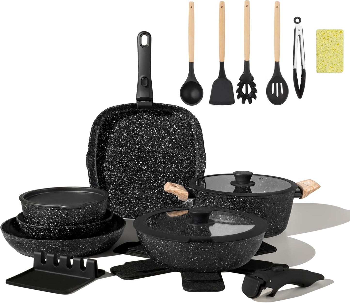 BECIGAR 23pcs Ceramic Pots and Pans Set, Nonstick Detachable Handle Cookware, Induction Kitchen Cooking Set with Removable Handle,include Frying Pans & Saucepans Oven Safe (Black)