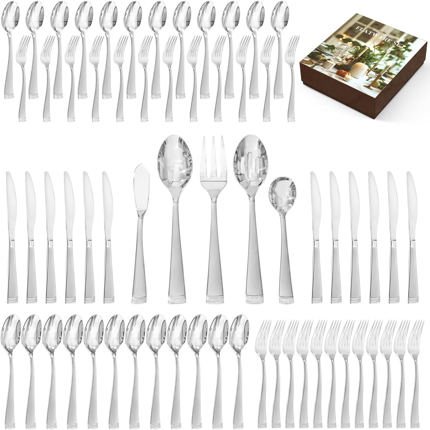 KINGSTONE Silverware Set, 65-Piece Flatware Set for 12, 18\/10 Stainless Steel Cutlery Set with Bead Edge, Utensil for Kitchen, Home, Party, Wedding, Mirror Polished, Dishwasher Safe, Featured Gifts