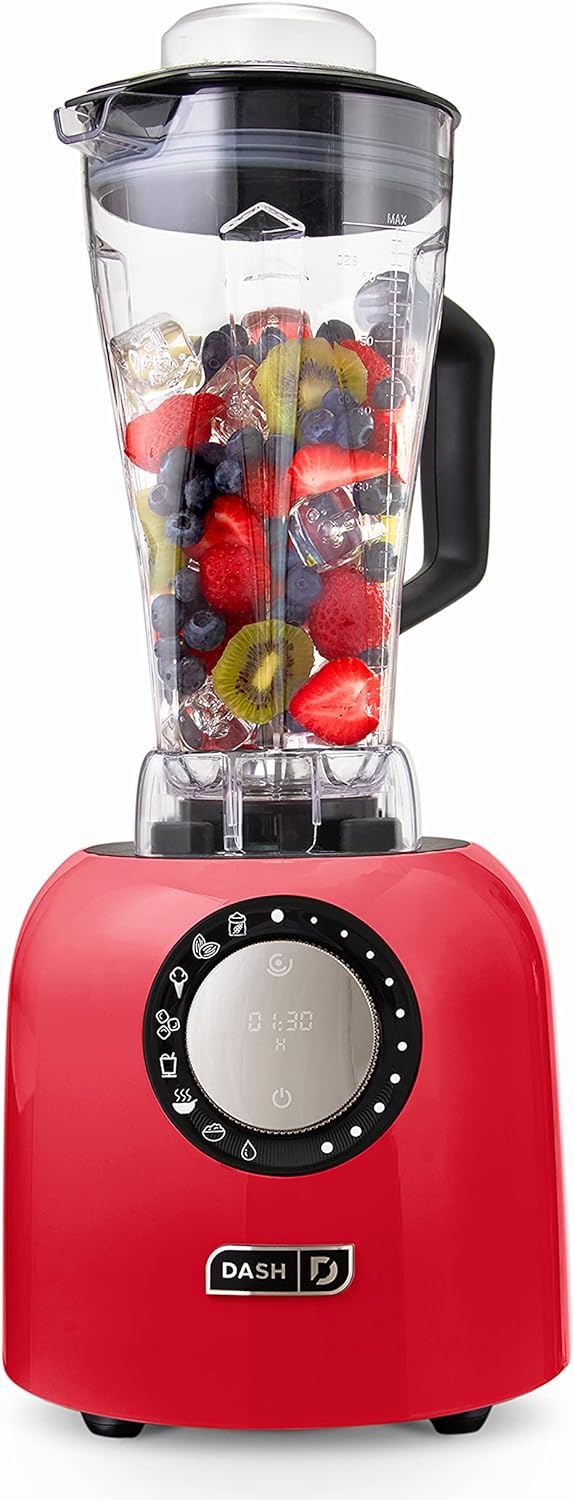 Dash Chef Series Deluxe Digital 64 oz Countertop Blender, with Stainless Steel Blades, Tritan Blending Jug, Tablet Stand & USB Charging Port, for Smoothies, Nut Butters, Purees, Soup and More - Red
