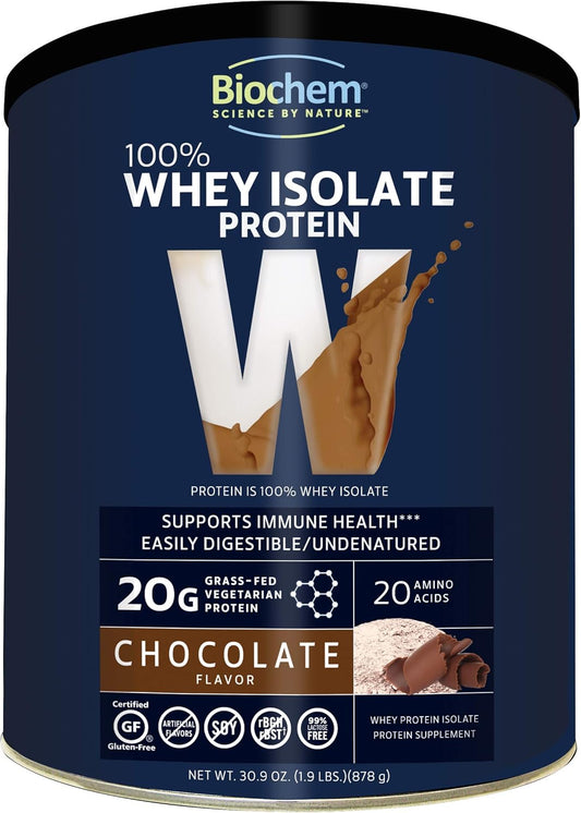 Biochem 100% Whey Isolate Protein - Chocolate - 30.9 oz - Pre & Post Workout - Meal Replacement - Keto-Friendly - 20g of Protein - Easily Digestible - Refreshing Taste - Easy to Mix