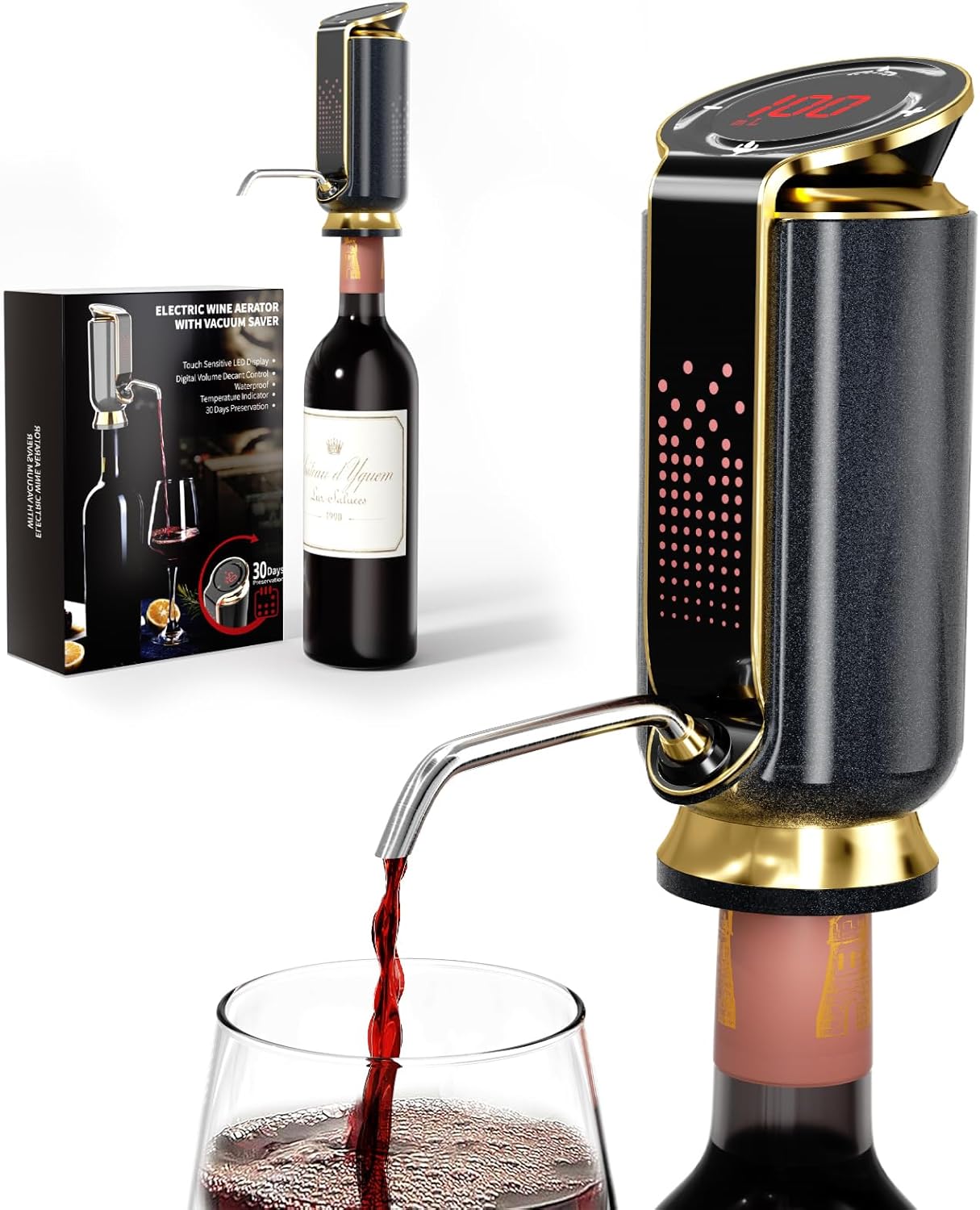 Newise Luxurious 3-in-1 Electric Wine Aerator, Decanter, Dispenser & Vacuum Pump. Touch Screen LED Display - Wine Preservation System with Temp Monitor, Gift for Wine Lovers Women Men (Black)