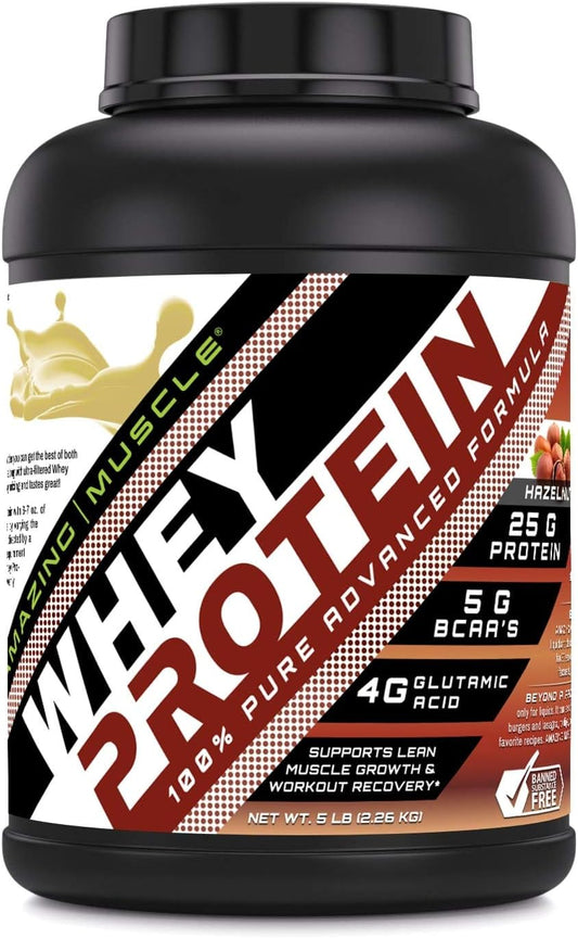 100% Whey Protein Powder *Advanced Formula with Whey Protein Isolate as a Primary Ingredient Along with Ultra Filtered Whey Protein Concentrate (Hazelnut, 5 Lb)