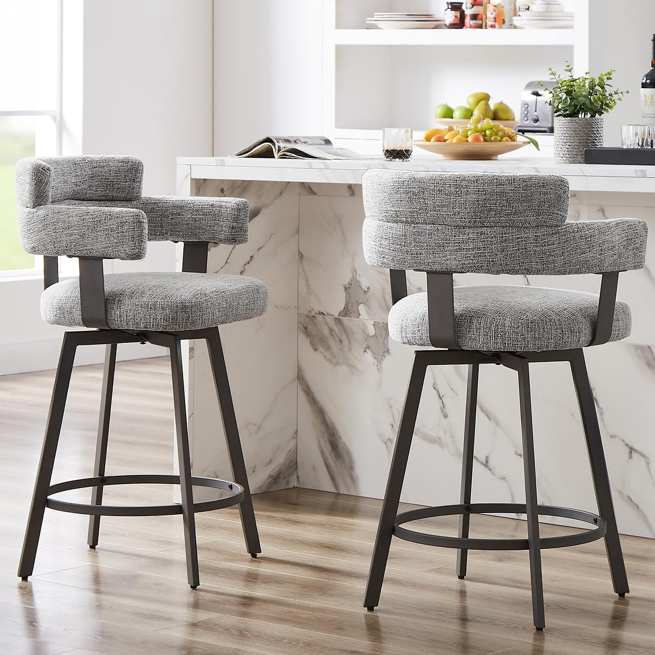 FERFALDER Counter Height Bar Stools with Full Back \u2013 Swivel Counter Stools Set of 2 with Linen Padded Back, Metal Footrest, Modern Barstools for Kitchen Counter, Island, Dining Room, Grey 24 inch