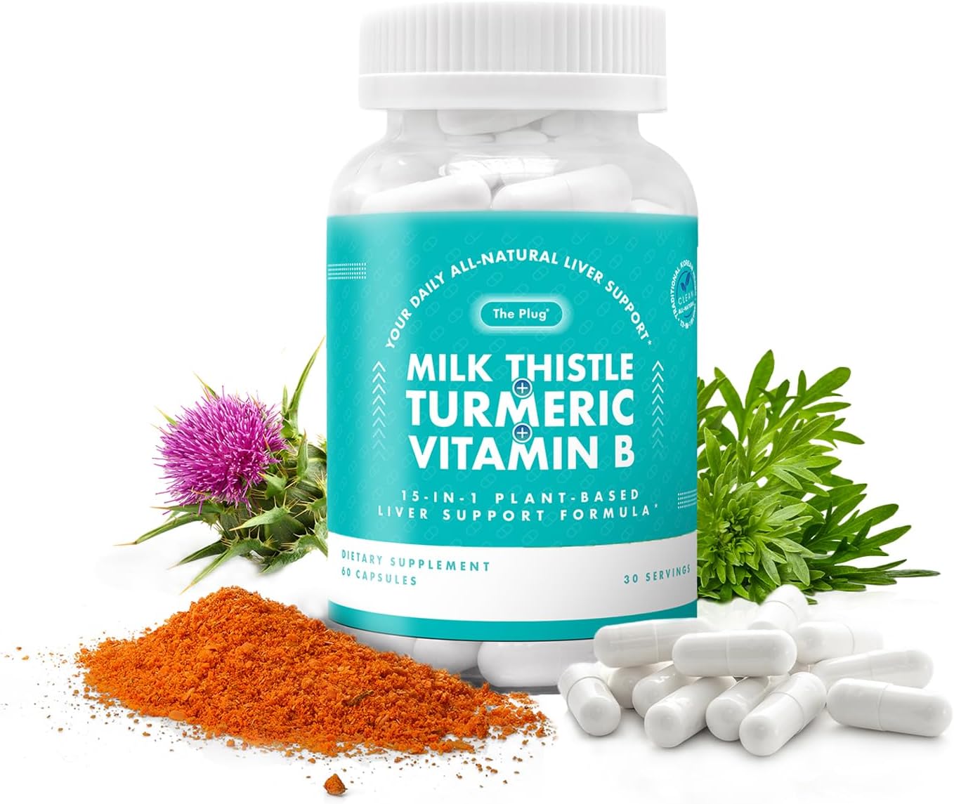 The Plug Liver Cleanse Detox & Repair Pills Milk Thistle Herbal Supplements 60 Capsules Plant Based Minerals Turmeric Vitamin B Dandelion Root for Healthy Digestive Immune Support (30 Servings)