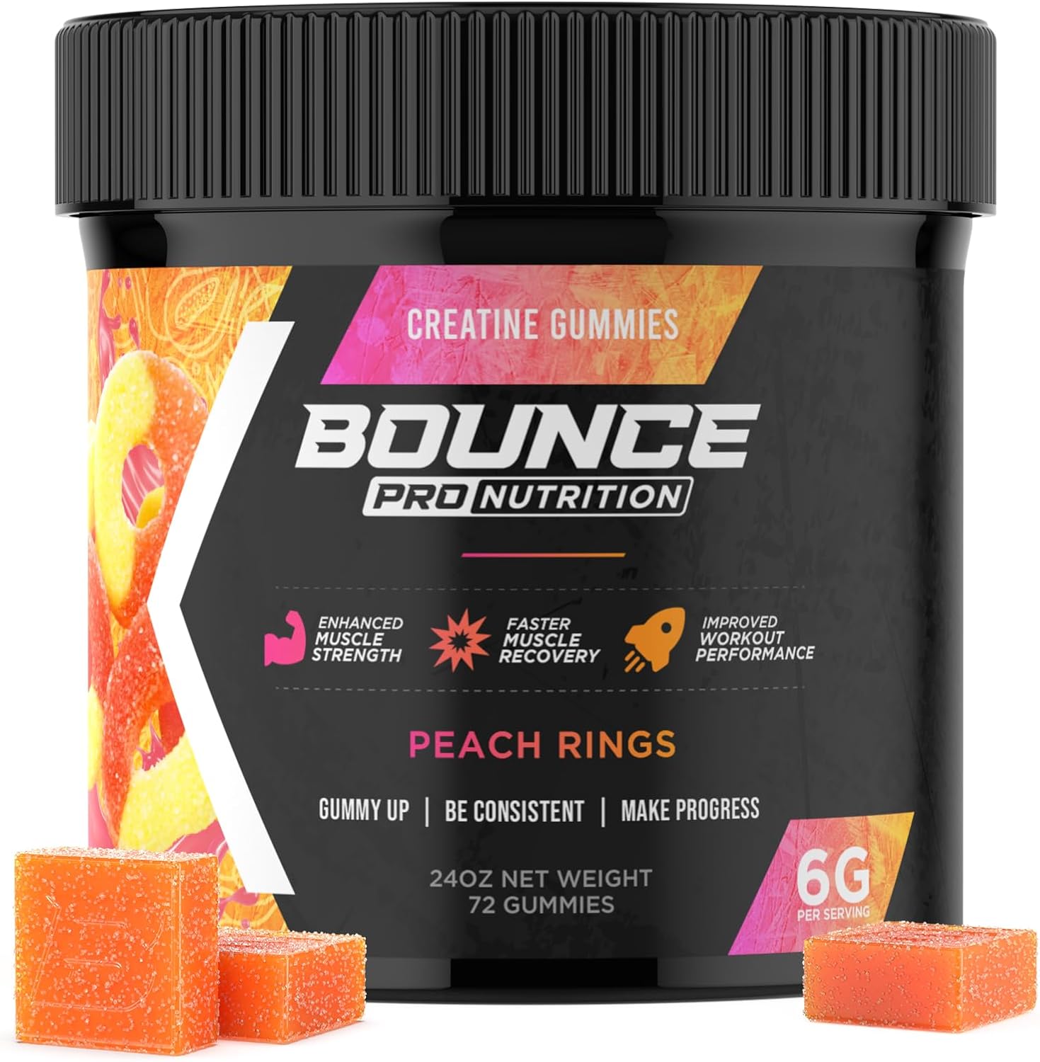 Bounce Pro Creatine Monohydrate Gummies for Men & Women, Low Calorie, 6G of Creatine per Serving, Vegan, Anti-Melting, Gluten-Free, Non-GMO, 2g of Creatine per Gummy (72ct, Peach Rings)