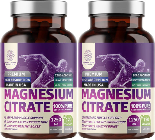2-Pack Pure Magnesium Citrate Capsules 1250mg, Easily Absorbed and Purified Trace Mineral for Muscle and Digestive Support, 240 Caps