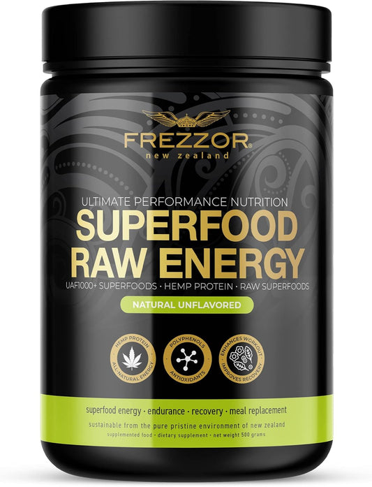 FREZZOR Superfood Raw Energy Powder with UAF1000+, All-Natural Hemp Protein, Energy Packed, Full Spectrum Plant Proteins, Amino Acids & Antioxidants, Prebiotic, Probiotic, 500g, 50 Scoops, 1 Count