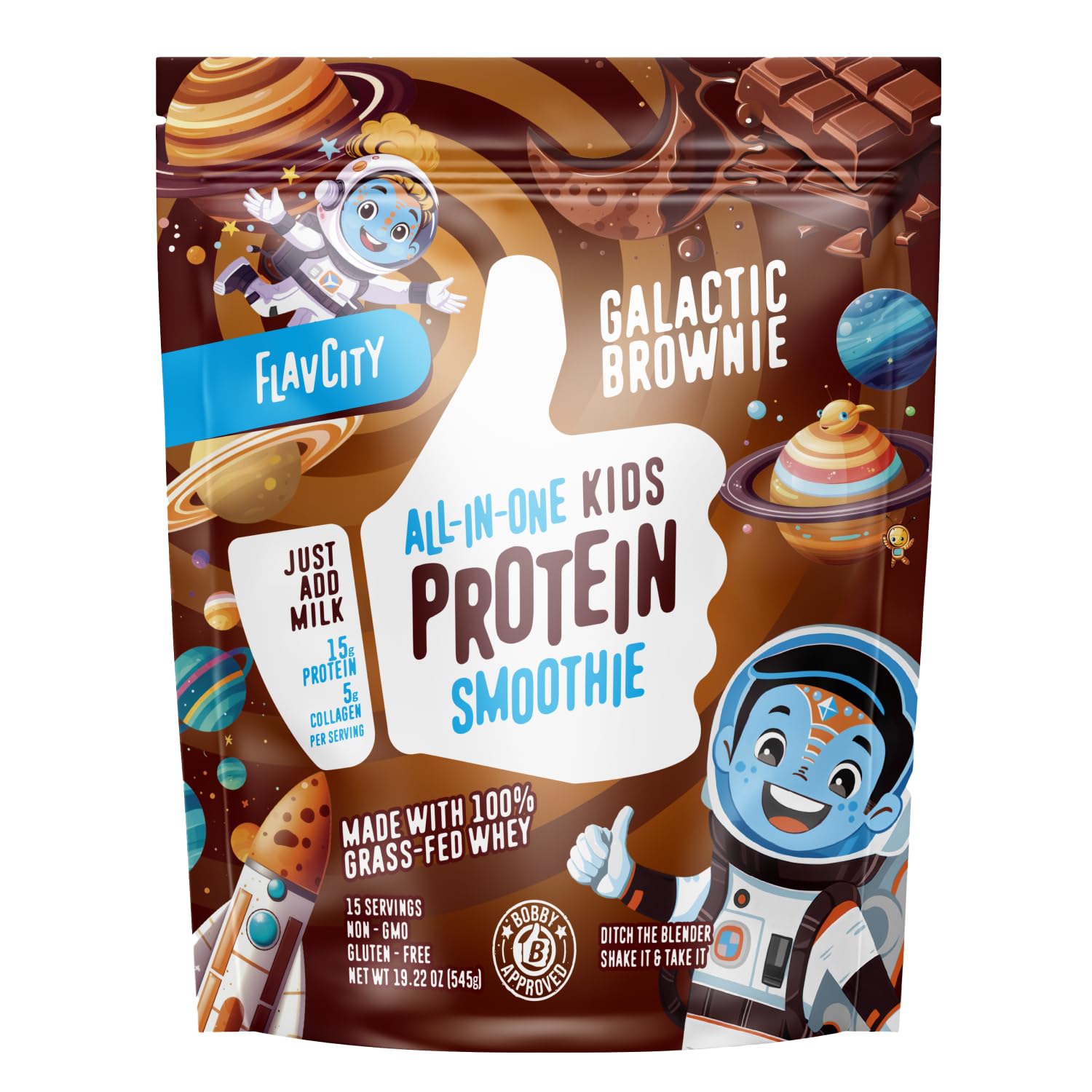 FlavCity All-in-One Protein Smoothie for Kids (Galactic Brownie) - Grass-Fed & Undenatured Whey Protein Powder with 15g Protein & 5g Collagen - Gluten-Free & Non-GMO - 15 Servings