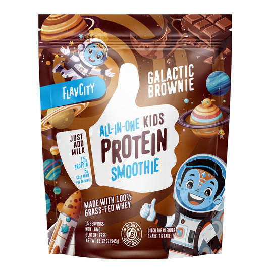 FlavCity All-in-One Protein Smoothie for Kids (Galactic Brownie) - Grass-Fed & Undenatured Whey Protein Powder with 15g Protein & 5g Collagen - Gluten-Free & Non-GMO - 15 Servings