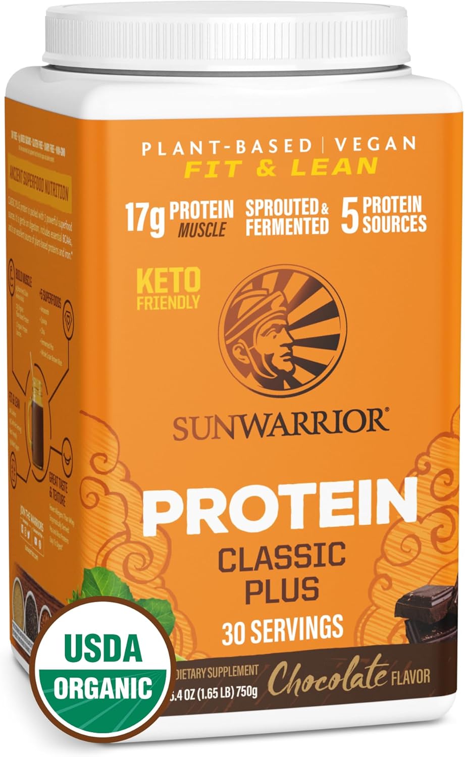 Sunwarrior - Classic Plus, Vegan Protein Powder with Peas & Brown Rice, Raw Organic Plant Based Protein, Chocolate, 30 Servings