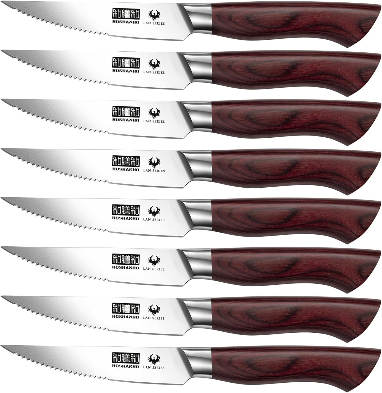 HOSHANHO Steak Knife Set 8 Pieces, 4.5 Inch Super Sharp High Carbon Stainless Steel Steak Knife Set, Professional Premium Serrated Precise Cutting with Ergonomic Wood Handle