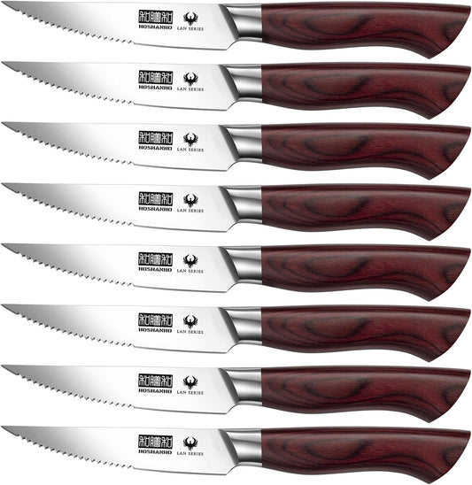 HOSHANHO Steak Knife Set 8 Pieces, 4.5 Inch Super Sharp High Carbon Stainless Steel Steak Knife Set, Professional Premium Serrated Precise Cutting with Ergonomic Wood Handle