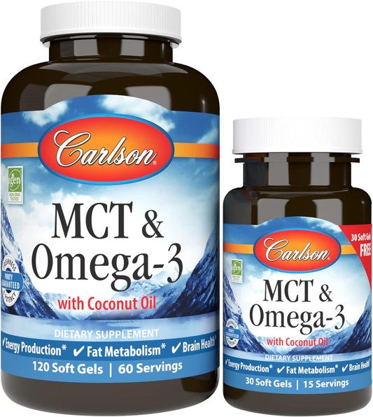 Carlson - MCT & Omega-3, Coconut Oil, Caprylic & Capric Acids, EPA & DHA, Energy Production, Fat Metabolism & Brain Health, 120+30 Softgels