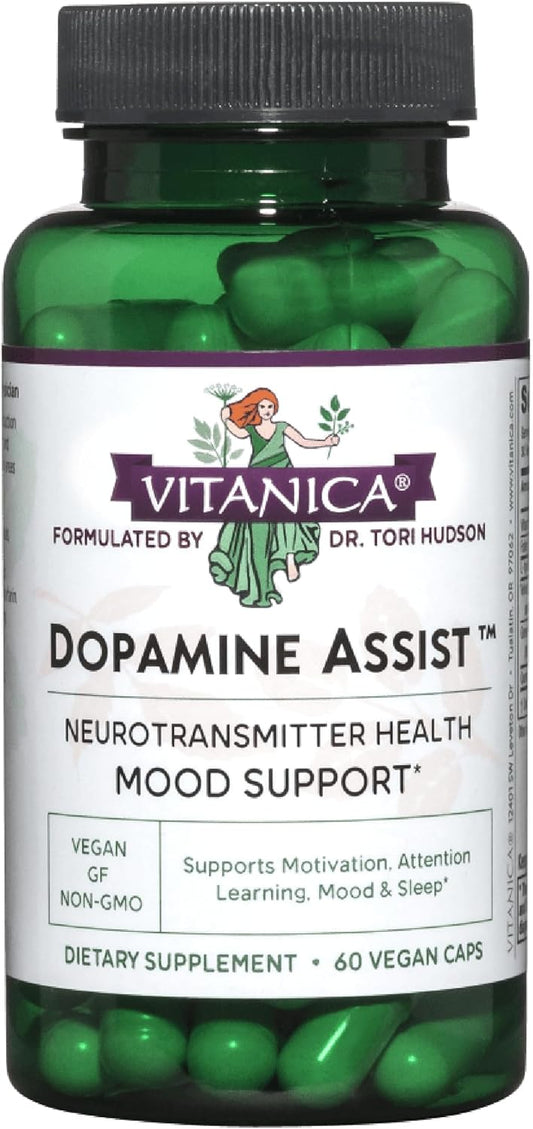 Vitanica Dopamine Assist, Dr Formulated Dopamine Supplement, L-Tyrosine, Mucuna Pruriens Neurotransmitter Mood Support, Vitamin B6, Folate, Green Tea Extract Quercetin Vegan, 60 Capsules