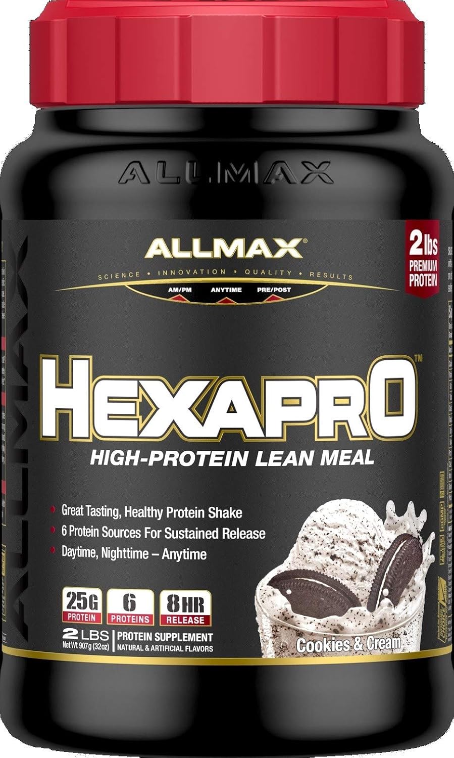 ALLMAX HEXAPRO, Cookies & Cream - 2 lb - 25 Grams of Protein Per Serving - 8-Hour Sustained Release - Zero Sugar - 21 Servings