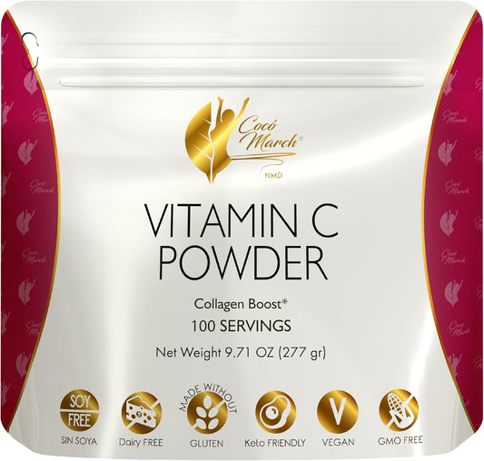 Cocó March N.M.D 1000 mg Vitamin C Powder- for Collagen Production & Immune Support, Zinc, Bromelain, Quercetin, L-Lysine - Free from: Gluten Dairy, Soy, GMOs, Vegan and Keto Friendly 10 Oz