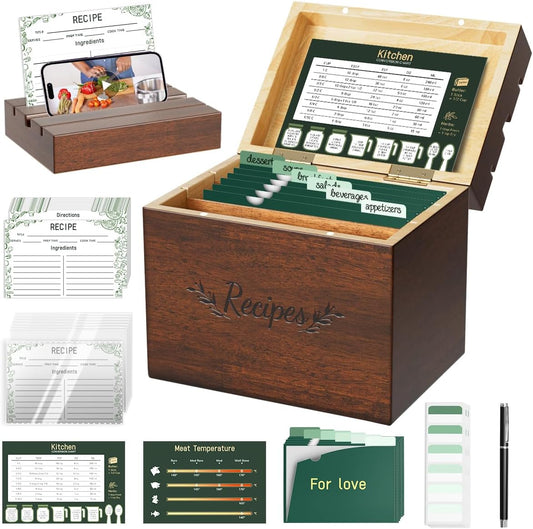 Wooden Recipe Box Set-Vintage Pine Recipe Box includes 100 Recipe Card 4x6 with Protectors,12 L-Dividers Pocket,24 Divider Tabs and 1 Pen, Recipe Card Holder Organizer to Write In Your Recipes