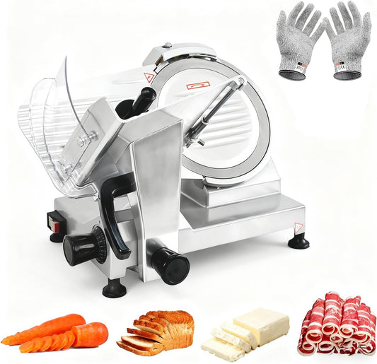 CTJ Commercial Meat Slicer 10" Electric Food Slicers 150W Meat Cutter Machine for Commercial and Home Use with Cut-Resistant Gloves for Cutting Deli, Vegetables, Hard Bread, Cheese, Ham