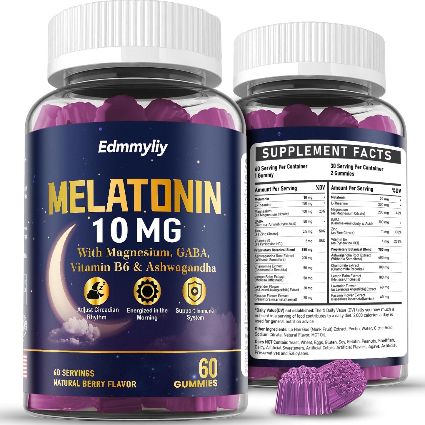 Melatonin 10mg 20mg Gummies for Adults - 10mg of Melatonin Per Gummy with Magnesium, L-Theanine, GABA, Vitamin B6 & Ashwagandha - Supports Health Circadian Rhythm, Sugar Free & Vegan