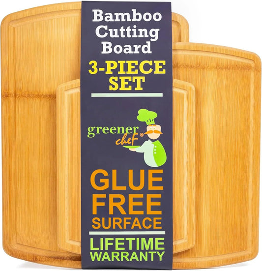 FSC® Certified Extra Large Bamboo Cutting Board Set of 3 \u2013 Featuring Glue-Free Surface™ Non Toxic Wood Cutting Boards for Safer Family Cooking and Lifetime Replacements for Peace of Mind