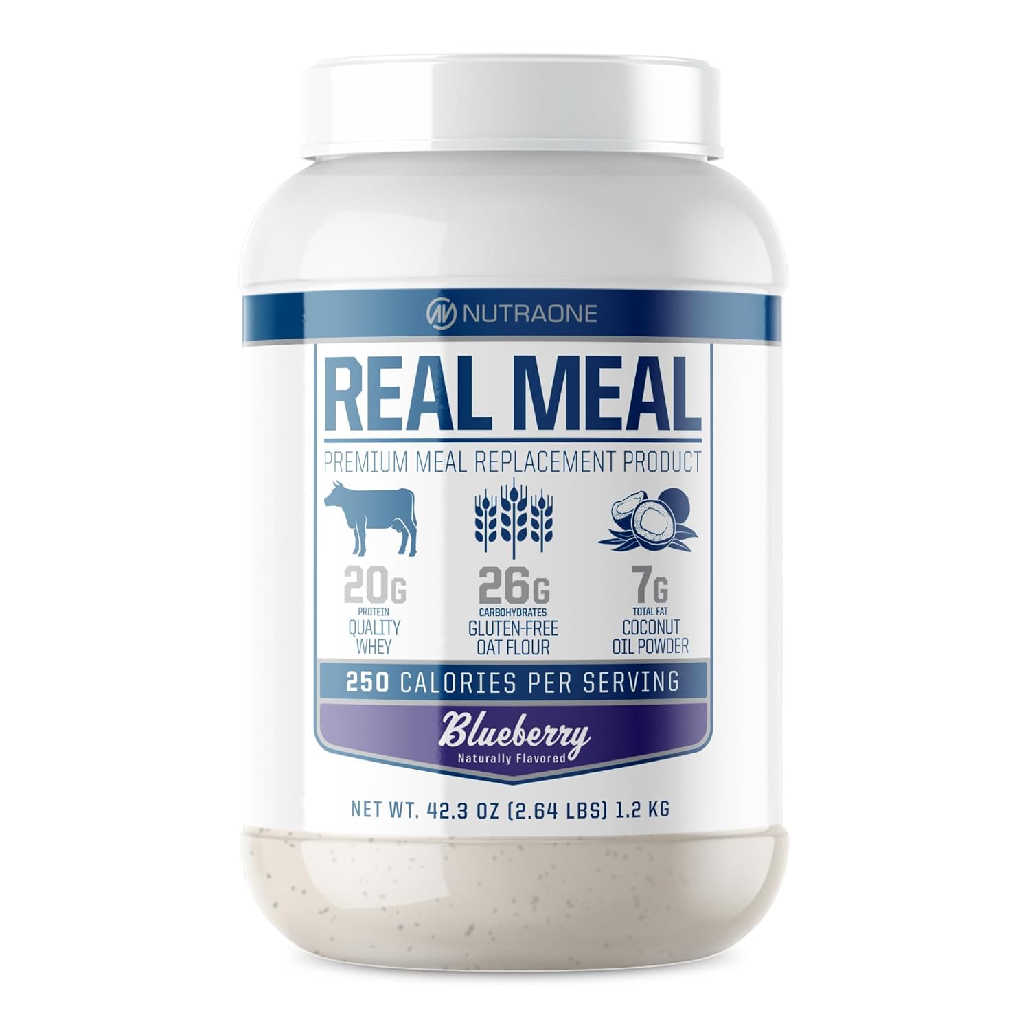 Real Meal by NutraOne - Perfect Meal Replacement Powder for Everyday Goals | Including Whey Protein, Coconut Oil, and Gluten-Free Oats* (Blueberry \u2013 2.6 lbs.)