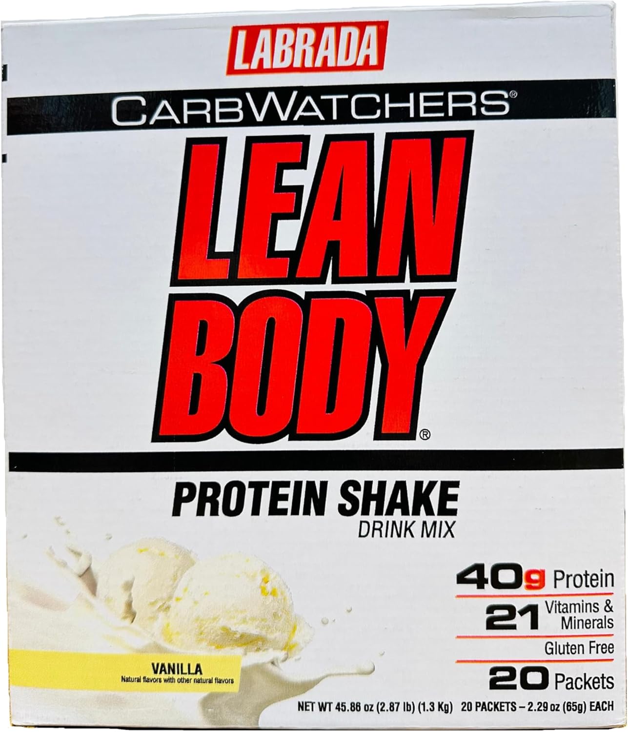 Lean Body Carb Watchers, All-In-One Vanilla Meal Replacement Shake. 40g Protein Whey Blend, 8g Healthy Fats & Fiber, 22 Vitamins and Minerals , No Artificial Colors, Gluten Free,(20 Packets)