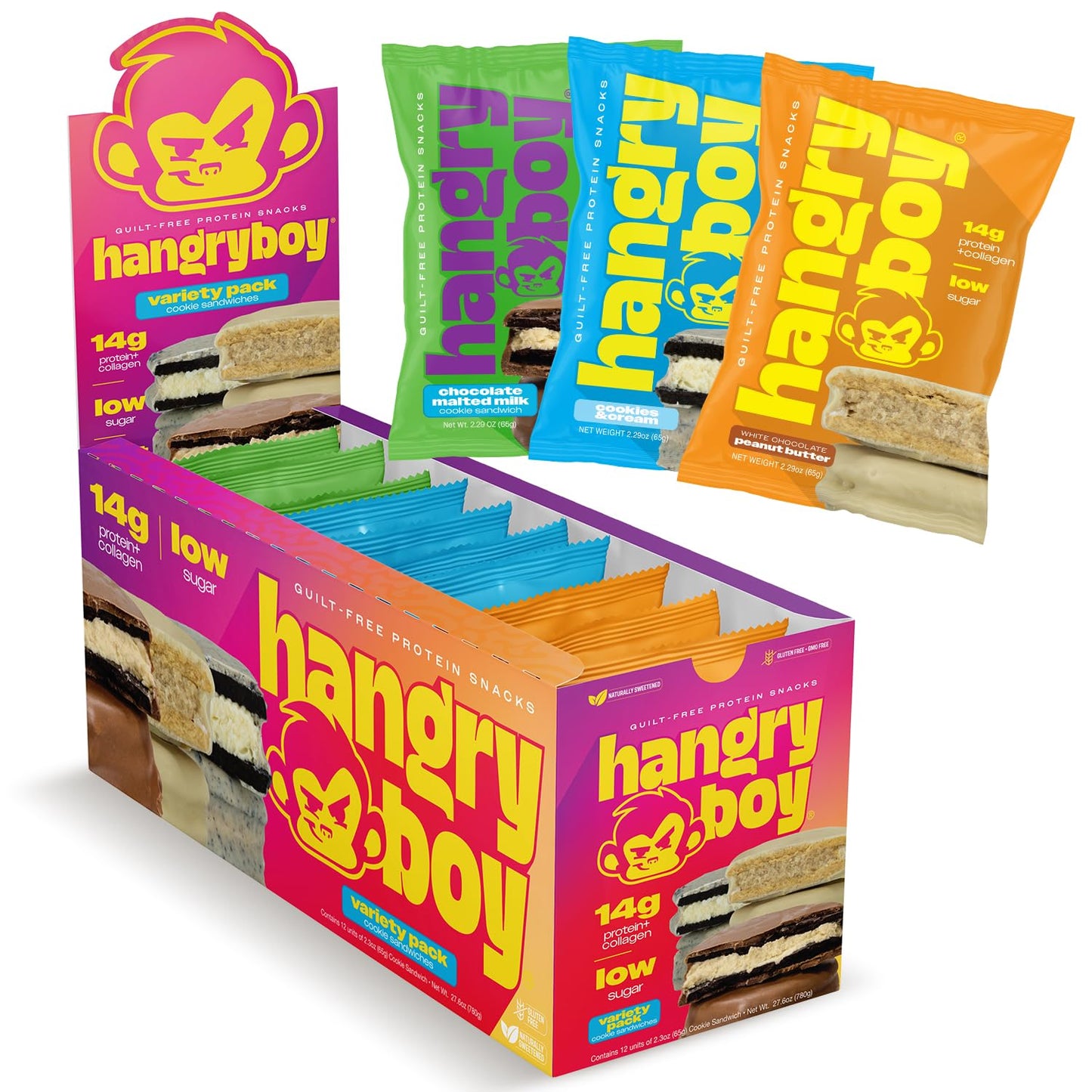 Hangryboy Protein Cookie Sandwich – 14g High Protein, Gluten‑Free, GMO‑Free Cookies - Perfect on The Go Protein Snack, Variety Pack, 12‑Count Box
