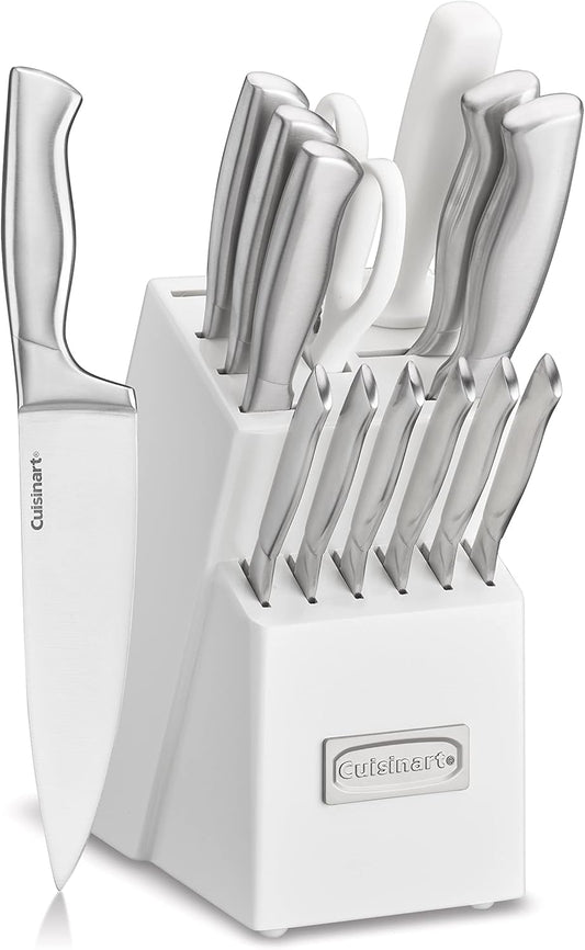 Cuisinart Professional Block Knife Set, 15pc Cutlery Knife Set with Steel Blades for Precise Cutting, Lightweight, Stainless Steel Durable & Dishwasher Safe, White