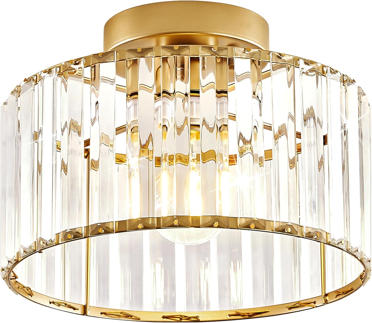 Pevfah Crystal Gold Ceiling Light, Modern Semi Flush Mount Ceiling Lighting Fixture, Round Hallway Ceiling Lights for Bathroom Kitchen Bedroom Entryway Closet 10.63 Inch