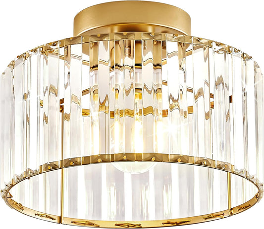 Pevfah Crystal Gold Ceiling Light, Modern Semi Flush Mount Ceiling Lighting Fixture, Round Hallway Ceiling Lights for Bathroom Kitchen Bedroom Entryway Closet 10.63 Inch
