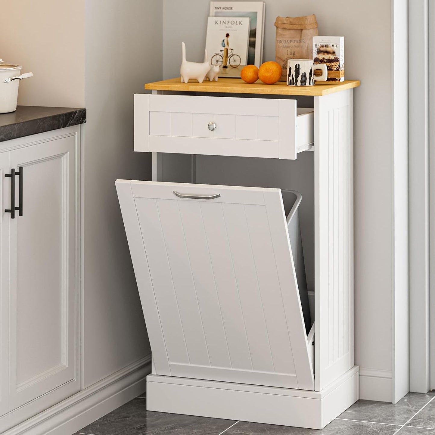 GAZHOME 10 Gallon Tilt Out Trash Cabinet, Upgrade Wooden Free Standing Recycling Trash Cabinet with Hideaway Drawer(White)