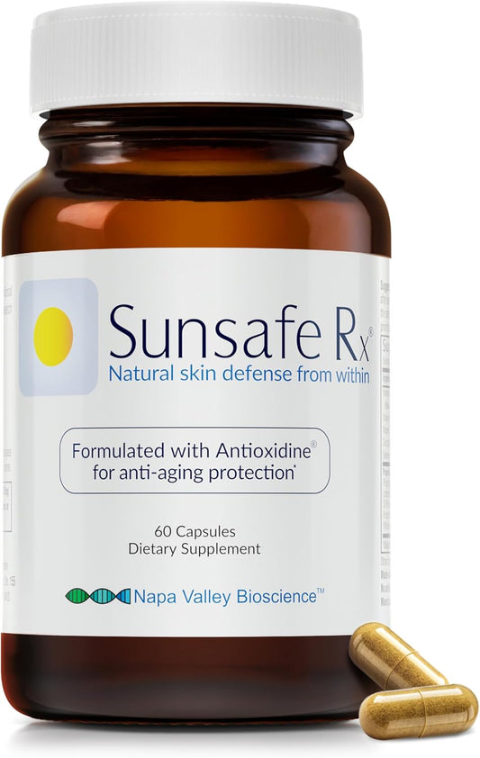 Sunsafe Rx Anti Aging Supplement: Natural Skin Protection Pills with Antioxidants for a Youthful Appearance & Eye Health + Vitamins, Minerals, & 250mg Polypodium Leucotomos (60 Capsules)