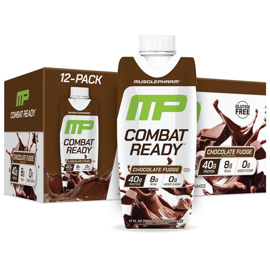 MusclePharm Combat Ready High Protein Shakes Ready to Drink, 40g Protein, 8g BCAAs, 8.7g Glutamine, 5g Fiber, No Added Sugar, Gluten Free, Chocolate Fudge, 17 Fl Oz (Pack of 12)