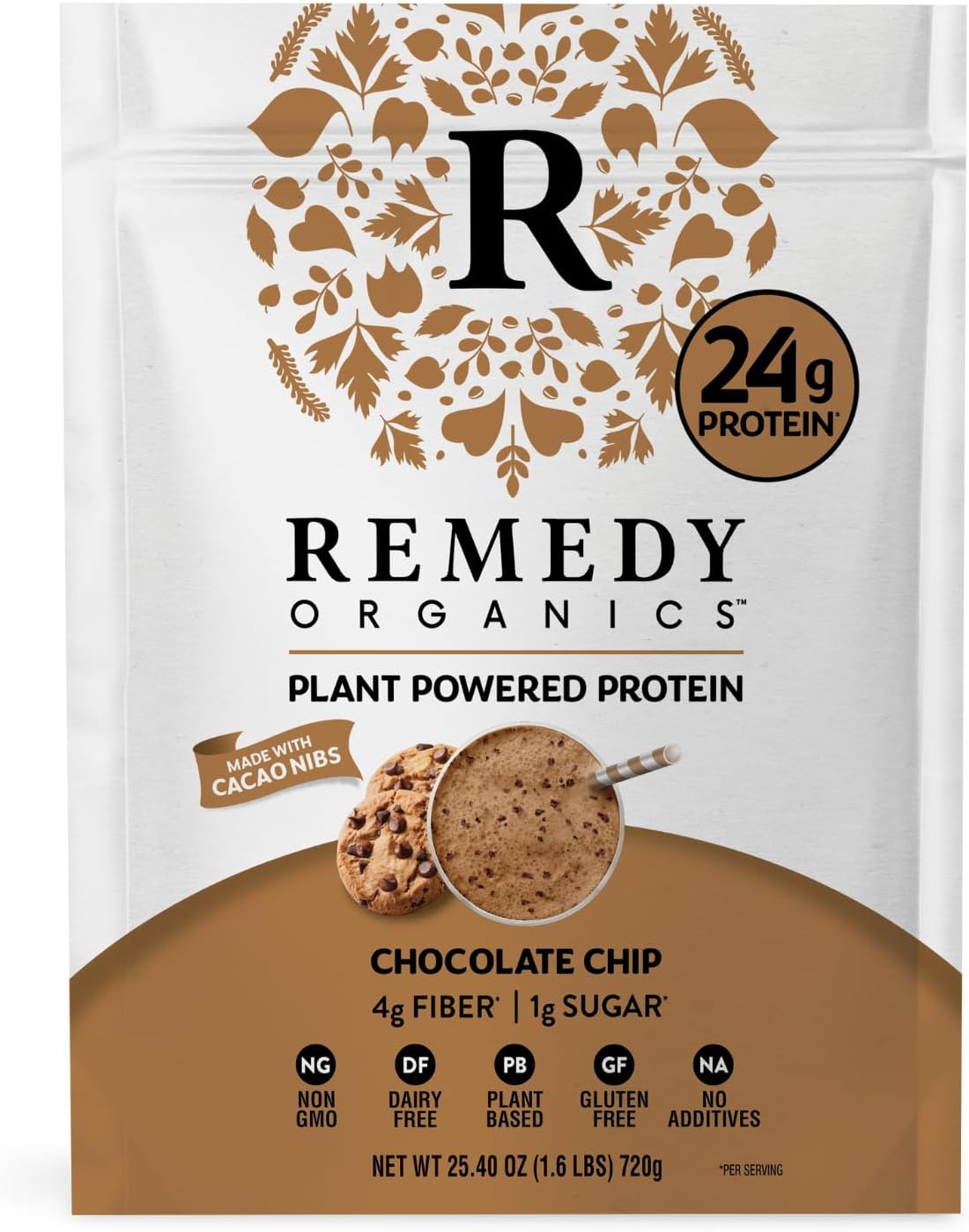 Remedy Organics Plant Based Protein Powder - Chocolate Chip - 24g Non-GMO Protein, 4g Fiber, 1g Sugar, 21 Essential Vitamins & Minerals, Pre & Post Workout, No Seed Oils, Dairy-Free, Gluten-Free
