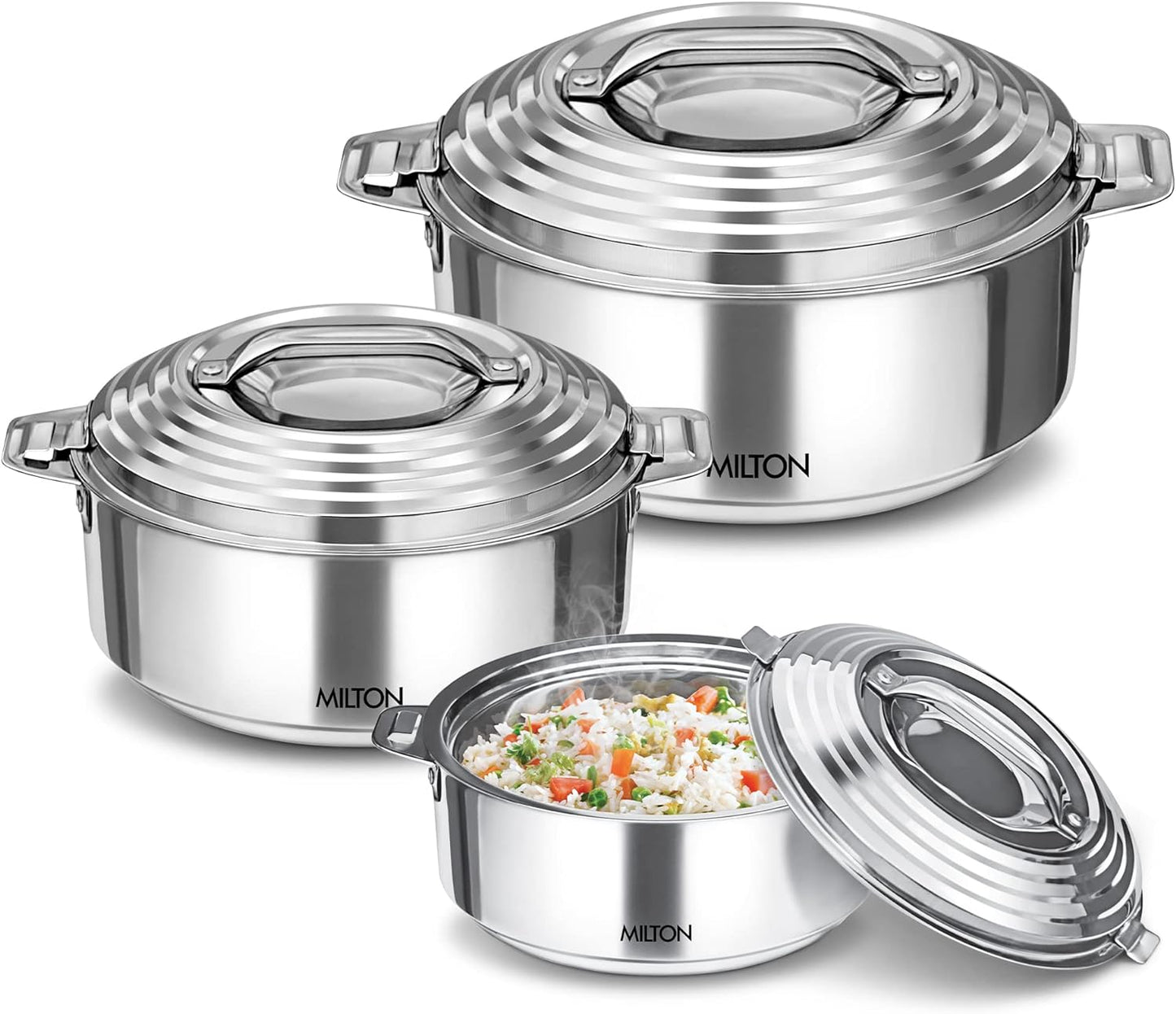 Milton Thermosteel Galaxia Insulated Hotpot Casseroles, Set of 3, Stainless Steel (1000ml, 1500ml, 2500ml)