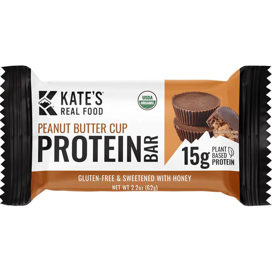 Kate\u2019s Real Food Organic Protein Bars \u2013 (Peanut Butter Cup, 2.2 oz, Pack of 12) \u2013 Plant Based Protein Bars - Gluten Free, Soy Free, Non GMO, Whole Grains, and All Natural