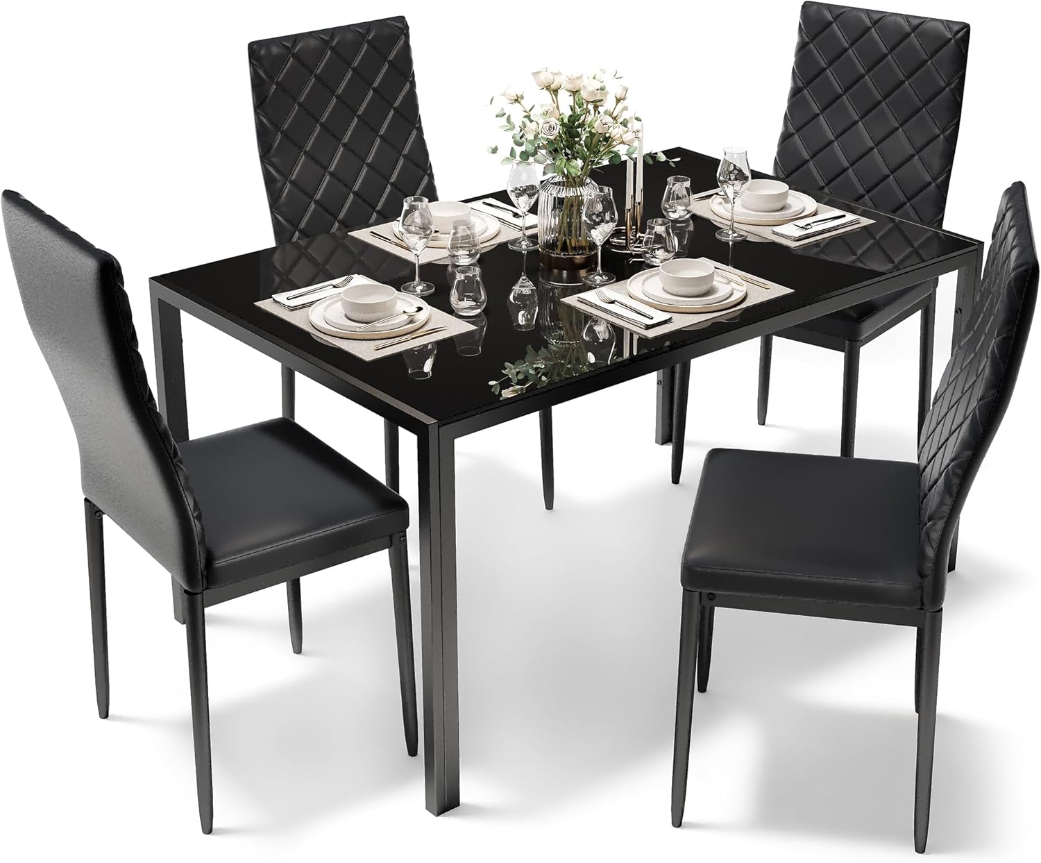 Sino Salected Dining Table Set for 4, Kitchen Table and Chairs Set of 4, 5 Piece Modern Dining Room Table Set with Tempered Glass Top and PU Leather Chairs for Small Space, Apartment, Black
