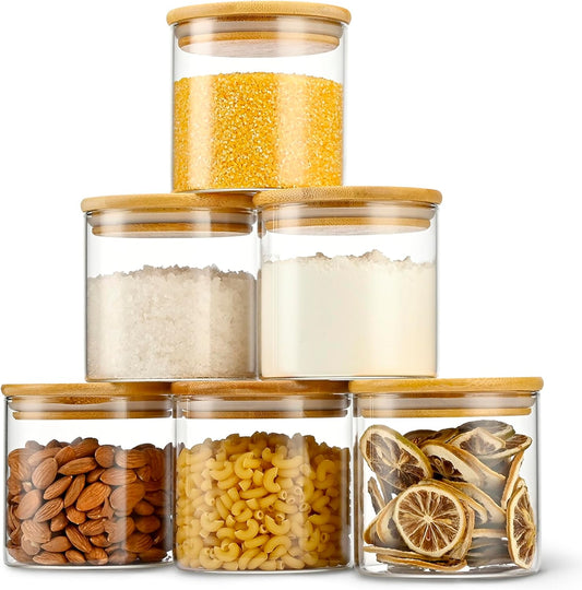 D2scrma 22oz Straight cylindrical Airtight Storage Jars with Bamboo Lid Set of 6 Storage Container Stackable Spice Jar, Kitchen Canister for Sugar, Tea, Cookies and Coffee beans (with Black Lable)